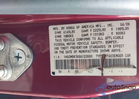 2006 Honda Accord 2.4 Ex from USA, damaged, VIN 1HGCM56746A122660